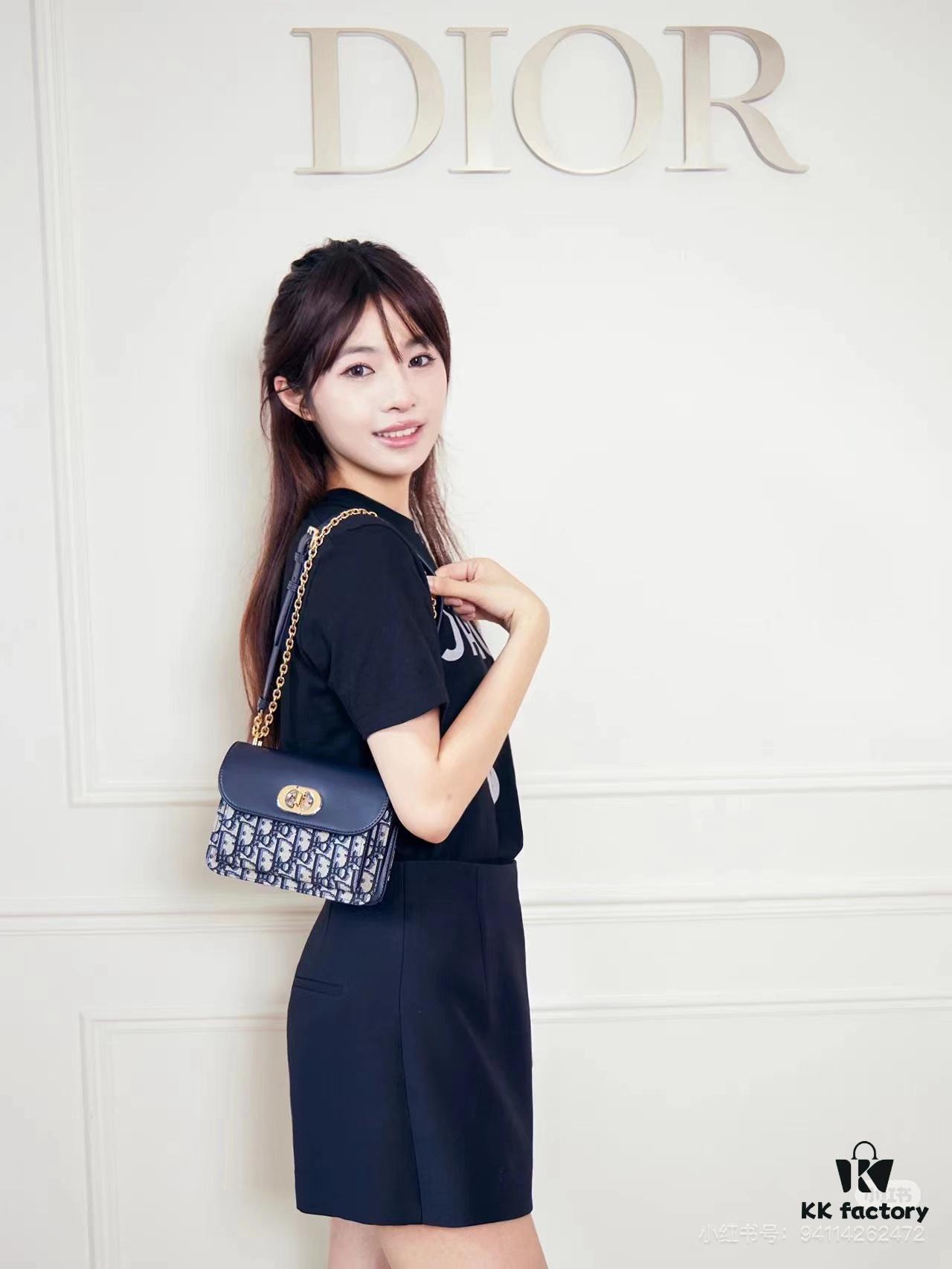 6930a39f6e68136f4d9abddc DIOR Top-Quality Genuine Leather Blue Oblique Print 30 Montaigne Avenue East-West Chain Handbag