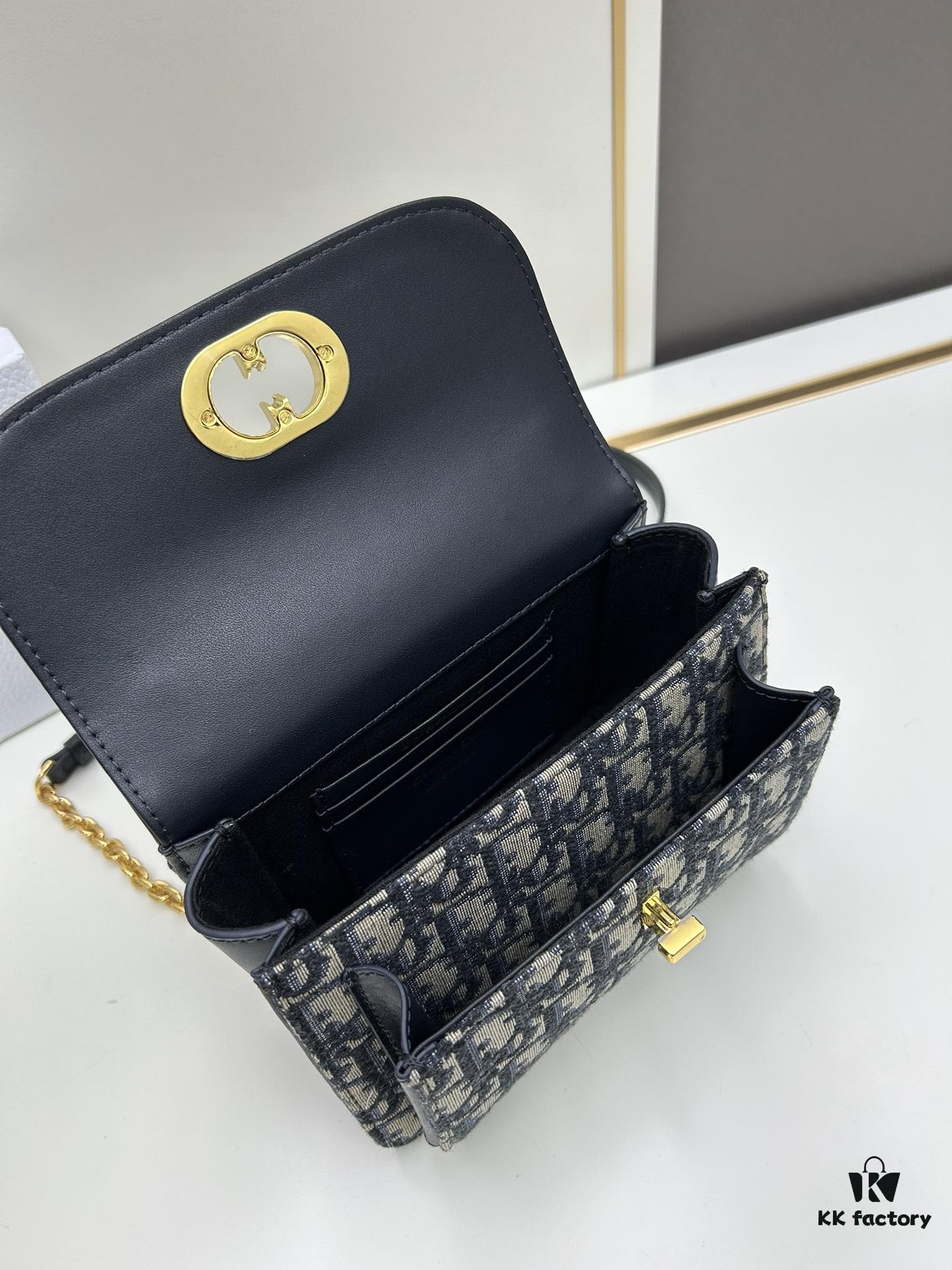 6930a3a66e68136f4d9abdeb DIOR 30 Montaigne Avenue East-West Chain Handbag in Blue Oblique Canvas with Leather Trim