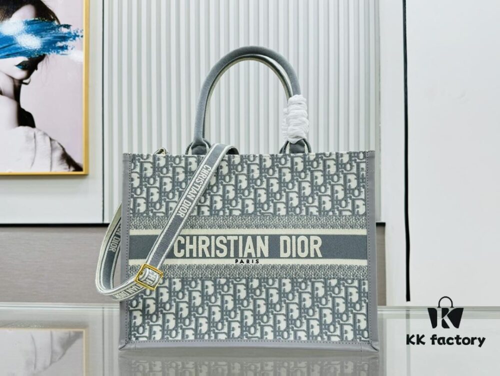 6930a4386e68136f4d9abf1d Gray Dior Book Tote II Medium Size with Leather Trim