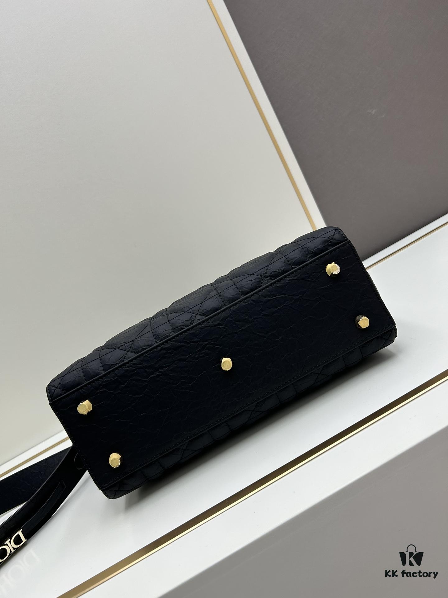 Large 29cm Dior Dior Caro Bag in Black Textured Calfskin with Cannage Stitching