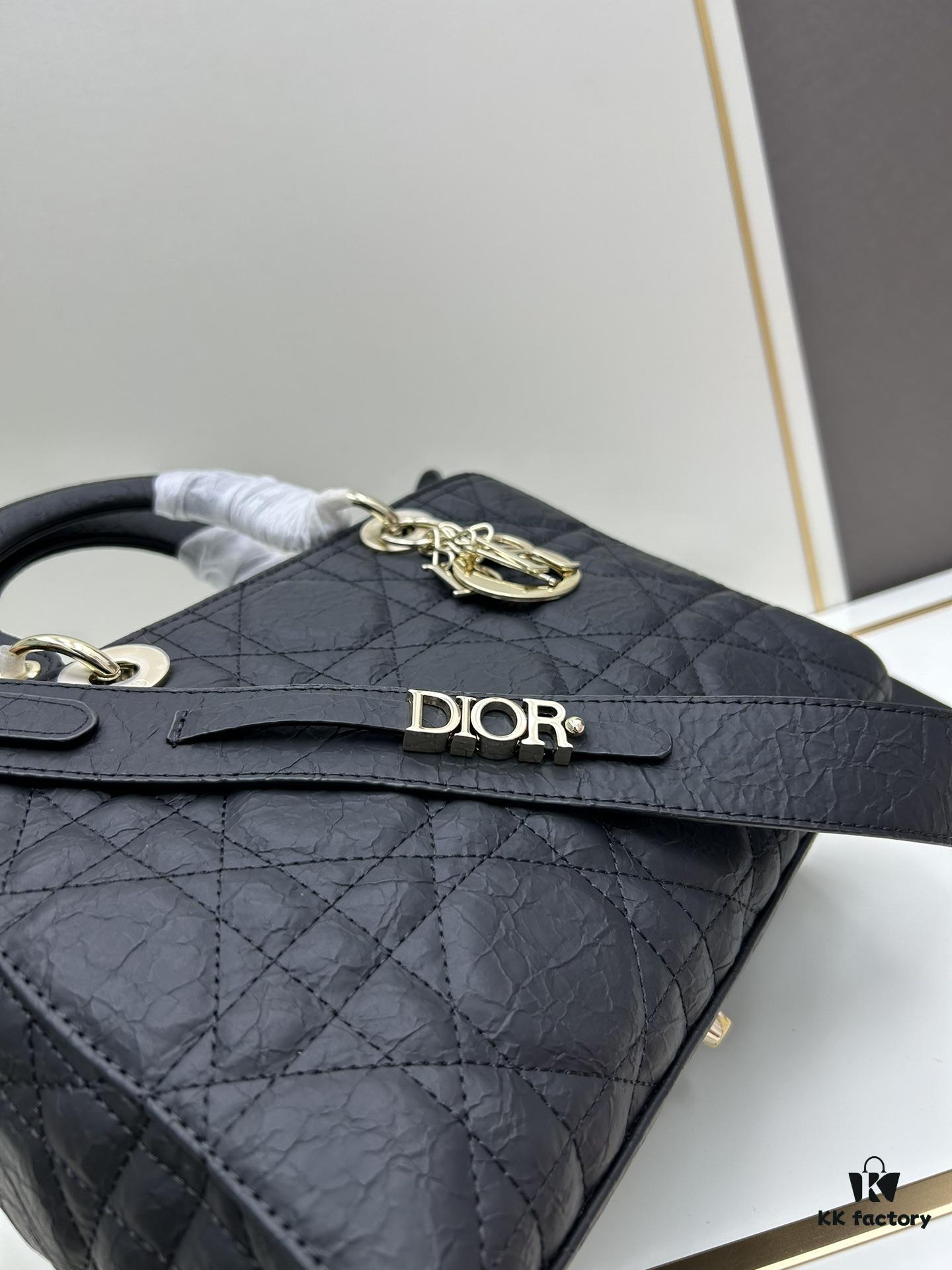 Large 29cm Dior Dior Caro Bag in Black Textured Calfskin with Cannage Stitching