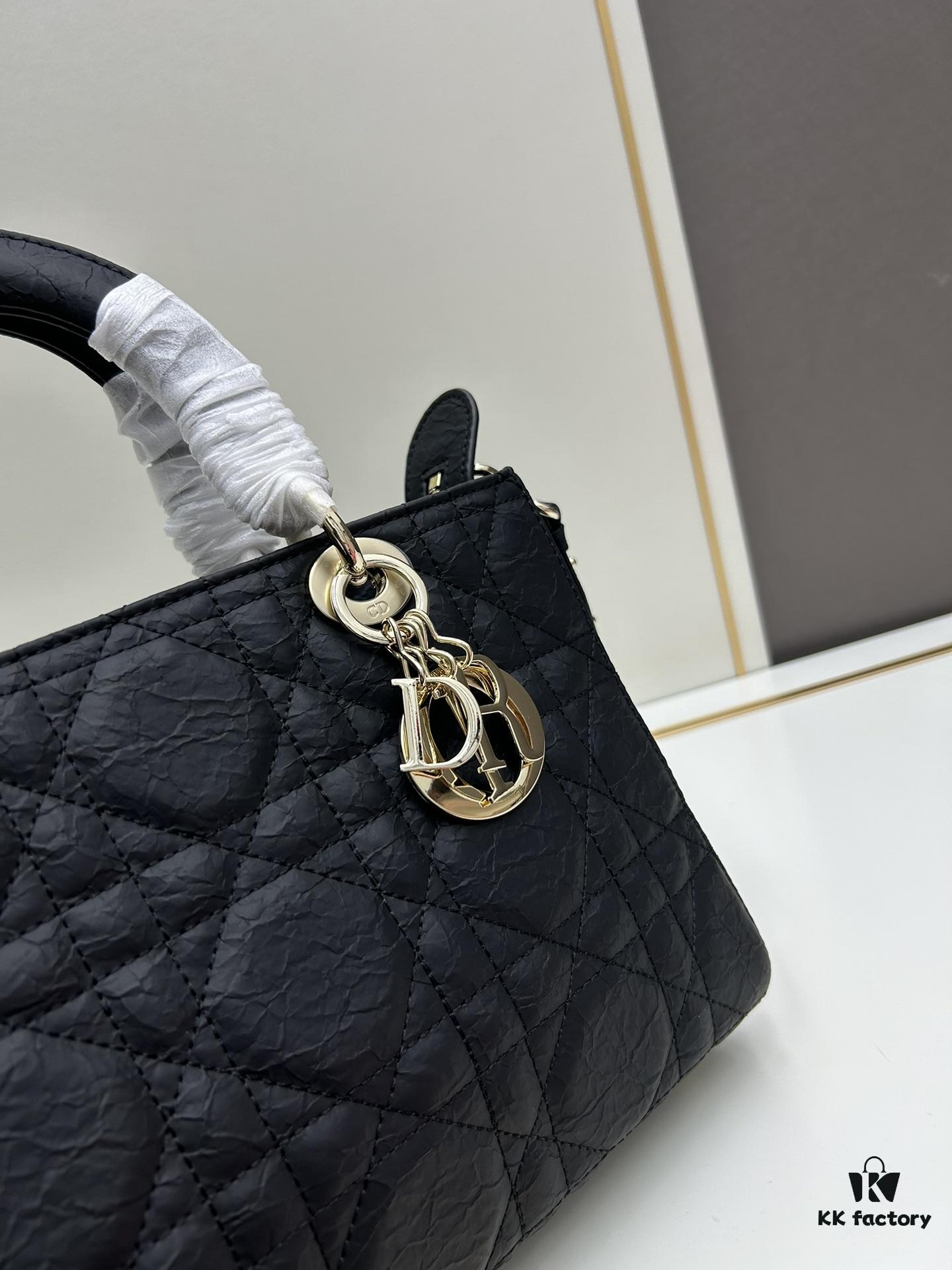 Large 29cm Dior Dior Caro Bag in Black Textured Calfskin with Cannage Stitching