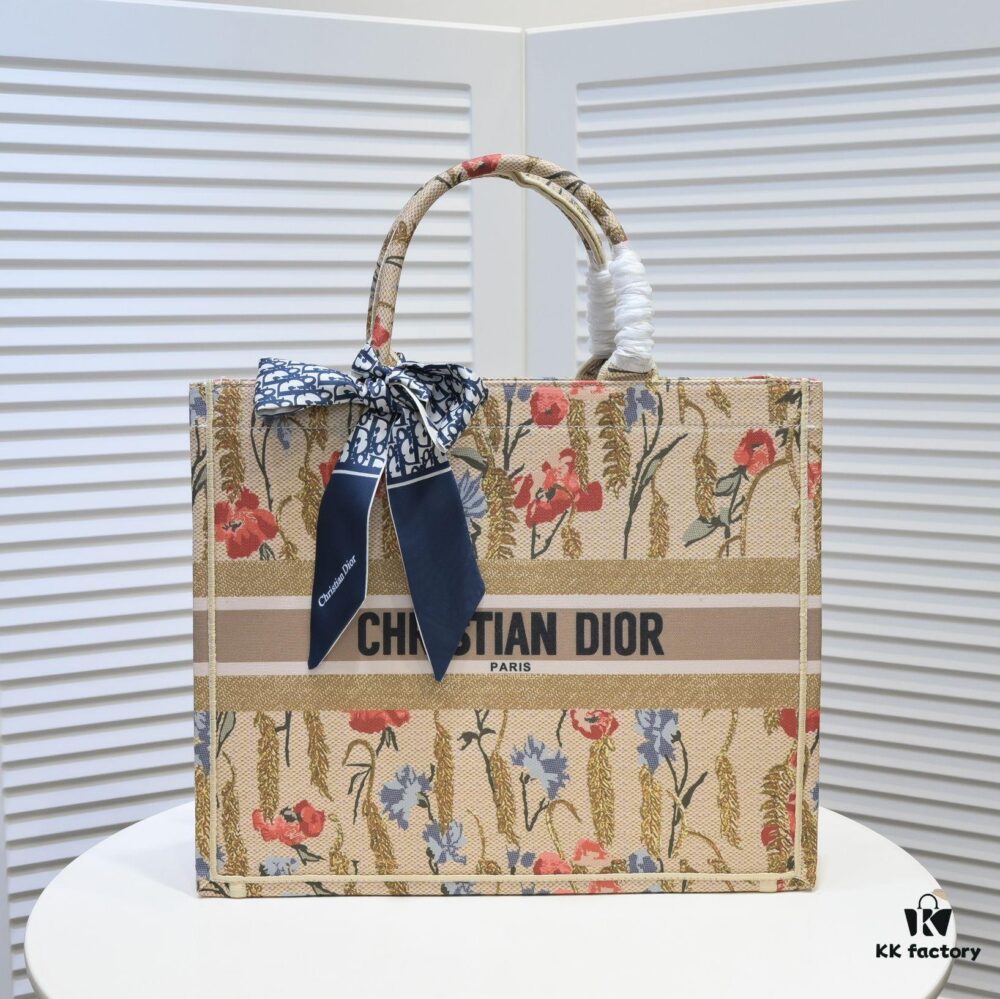 6930a5226e68136f4d9ac0be Large Dior Shopping Bag with Embroidery and Stitched Edging - Includes Silk Scarf, Limited Edition, Celebrity Style