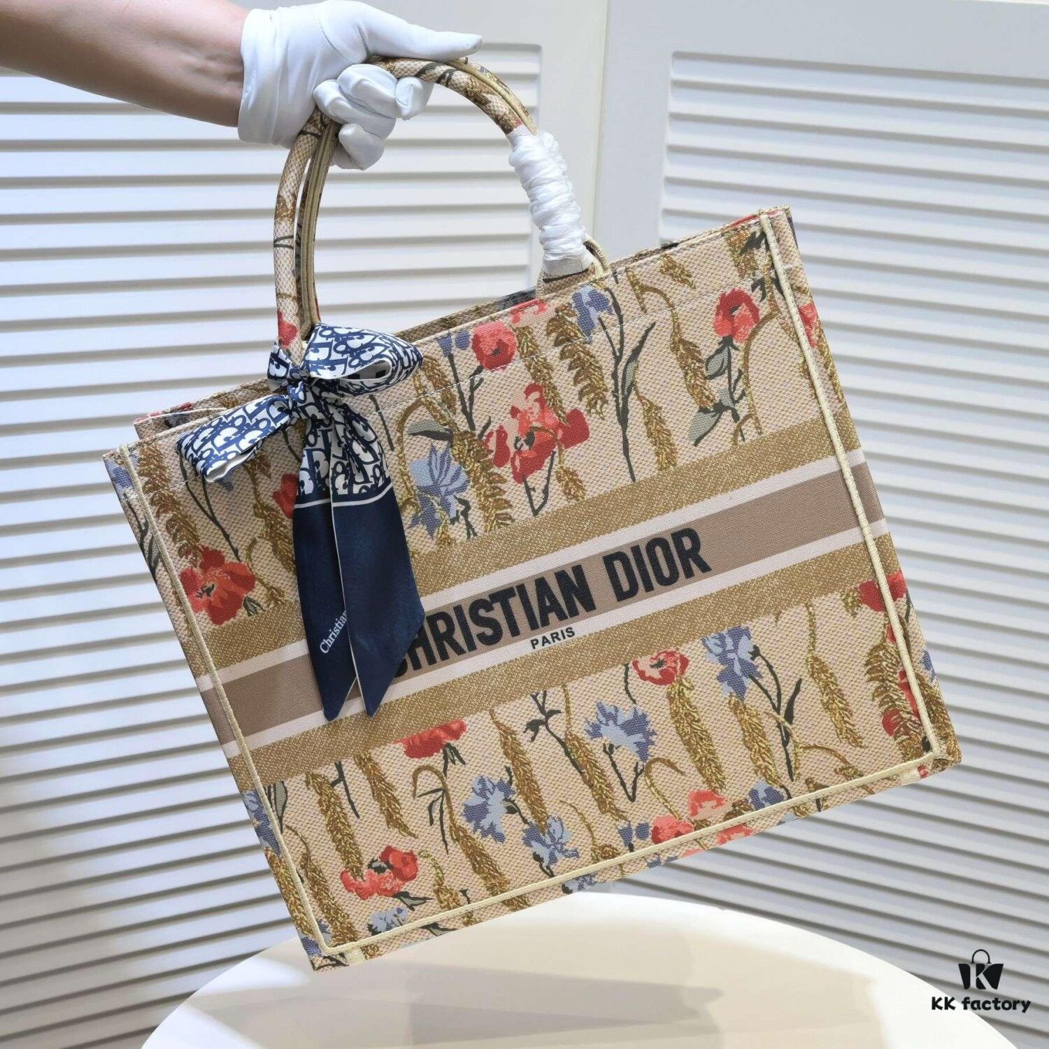 6930a5256e68136f4d9ac0c2 Large Dior Shopping Bag with Embroidery and Stitched Edging - Includes Silk Scarf, Limited Edition, Celebrity Style