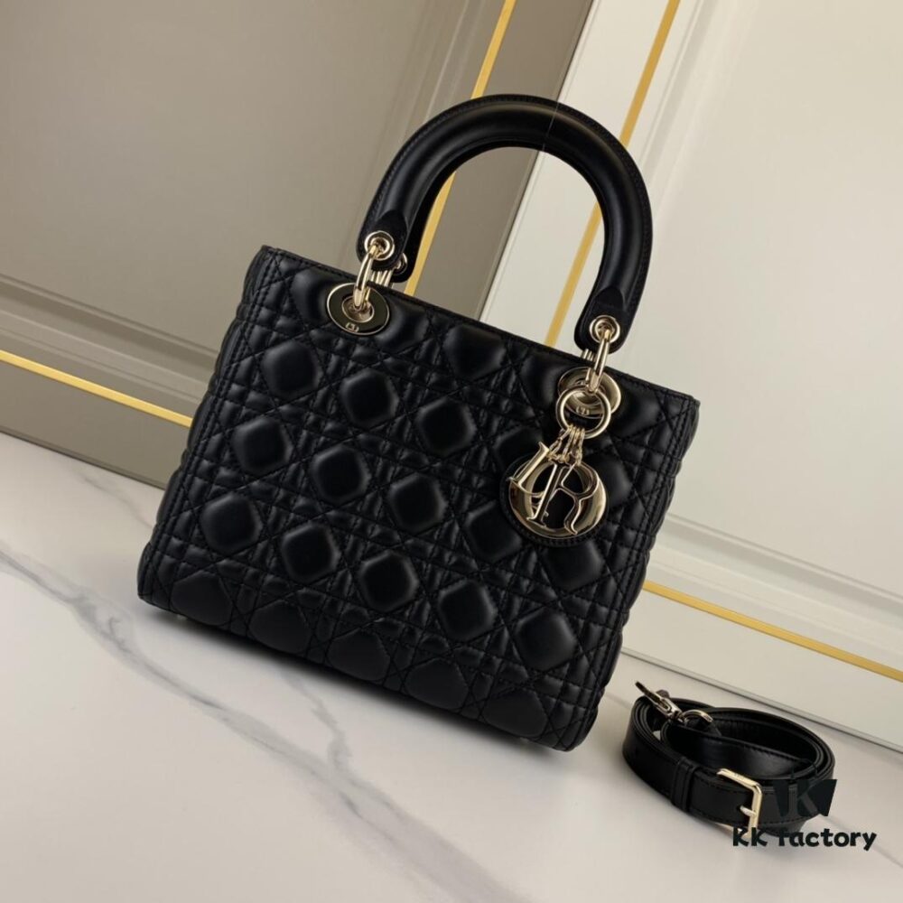 6930a6e36e68136f4d9ac3f1 Black Dior Medium Light Gold Buckle Lambskin Lady Dior Handbag