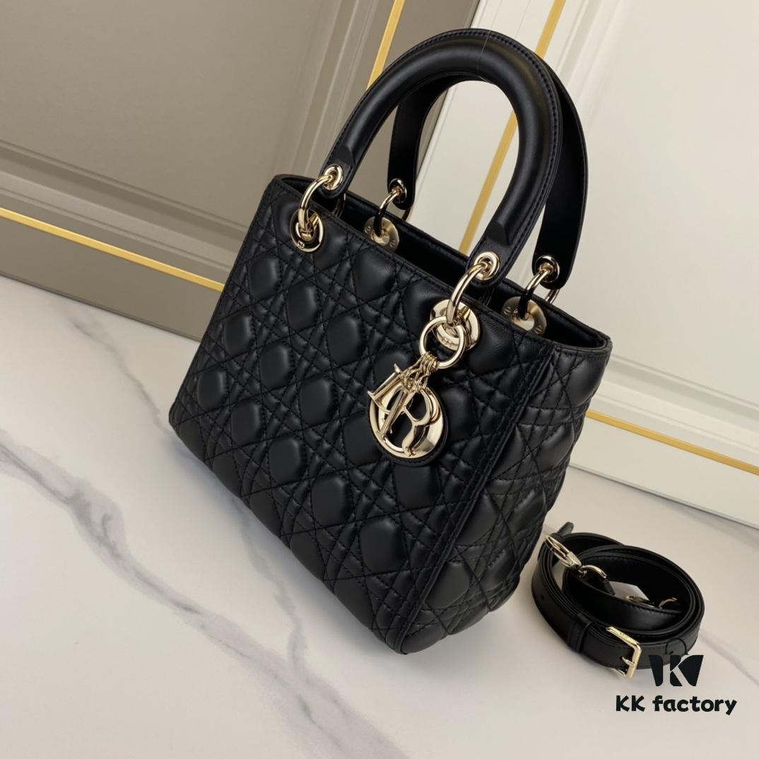 6930a6e36e68136f4d9ac3f4 Black Dior Medium Light Gold Buckle Lambskin Lady Dior Handbag