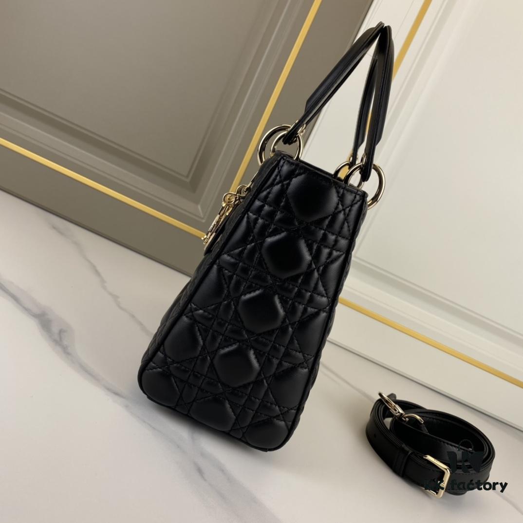 6930a6e46e68136f4d9ac3f6 Black Dior Medium Light Gold Buckle Lambskin Lady Dior Handbag