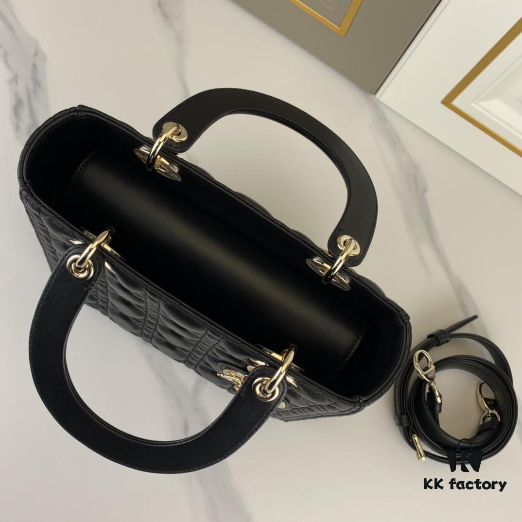 6930a6e56e68136f4d9ac3f8 Black Dior Medium Light Gold Buckle Lambskin Lady Dior Handbag