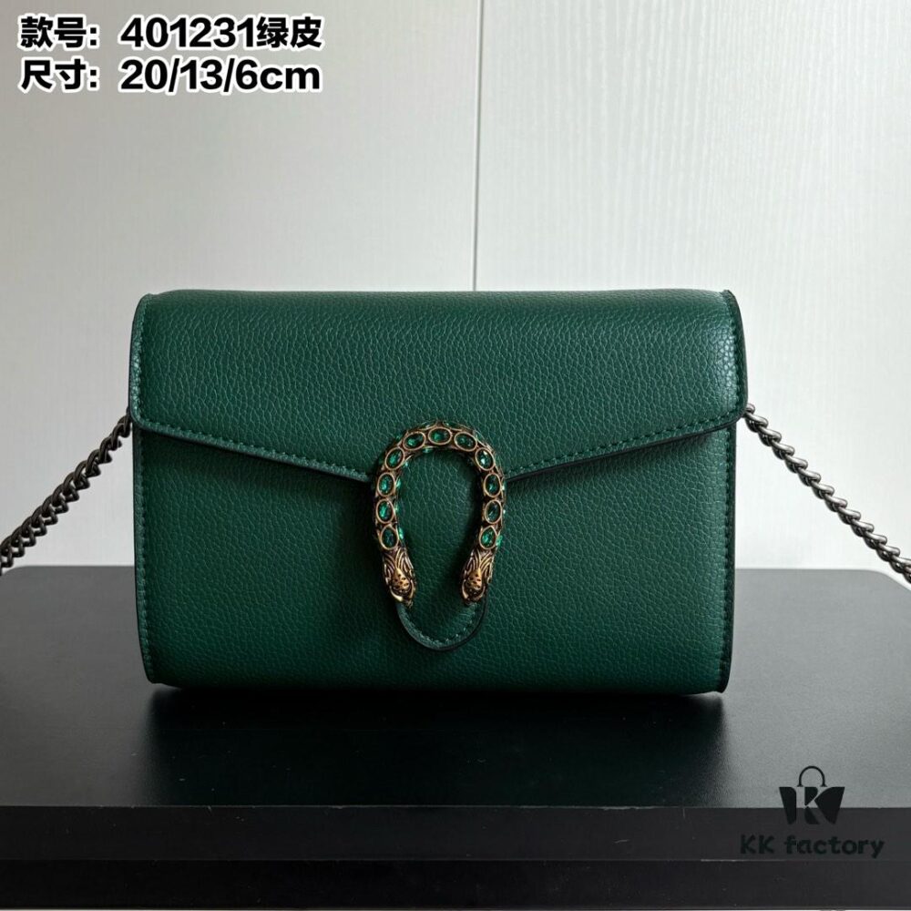 6930a94e6e68136f4d9ac8ca GG Dionysus WOC Chain Mini Handbag / Wallet in Green Full Leather with Horsehead Spur Closure and Flap Design