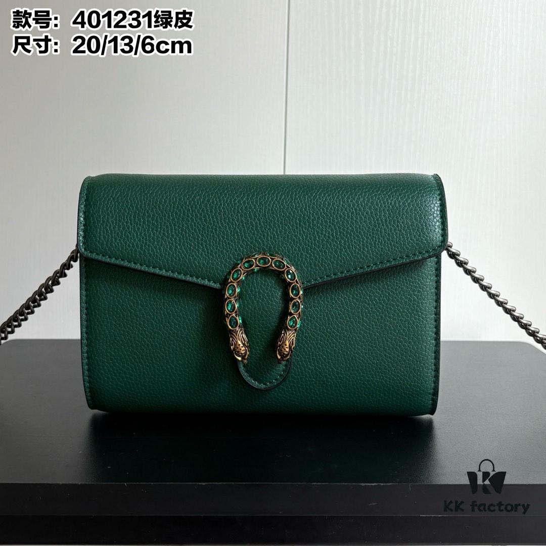 6930a94e6e68136f4d9ac8ca GG Dionysus WOC Chain Mini Handbag / Wallet in Green Full Leather with Horsehead Spur Closure and Flap Design