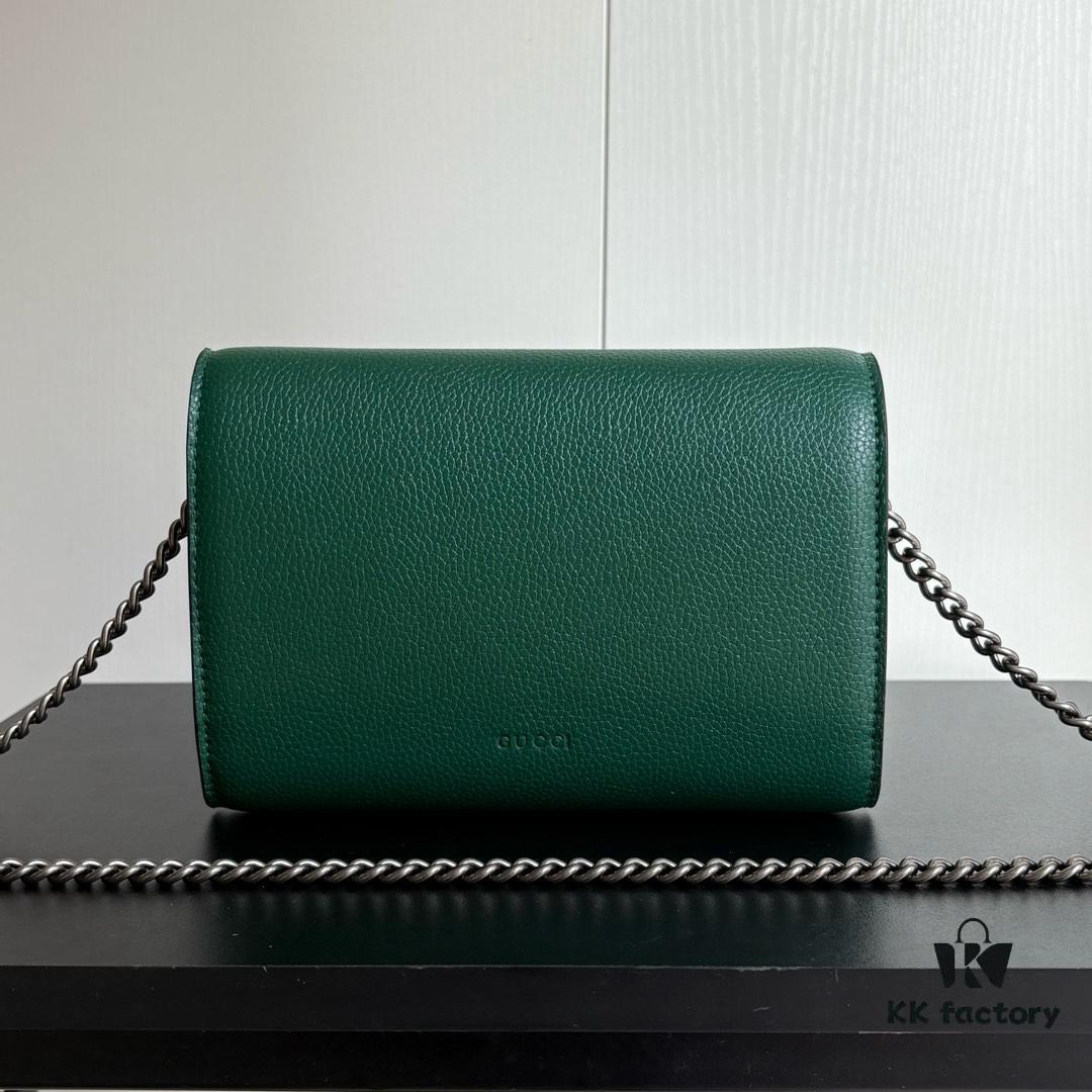 6930a94f6e68136f4d9ac8cd GG Dionysus WOC Chain Mini Handbag / Wallet in Green Full Leather with Horsehead Spur Closure and Flap Design