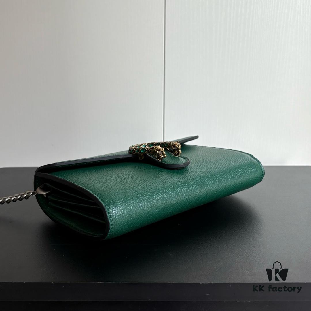 6930a94f6e68136f4d9ac8ce GG Dionysus WOC Chain Mini Handbag / Wallet in Green Full Leather with Horsehead Spur Closure and Flap Design