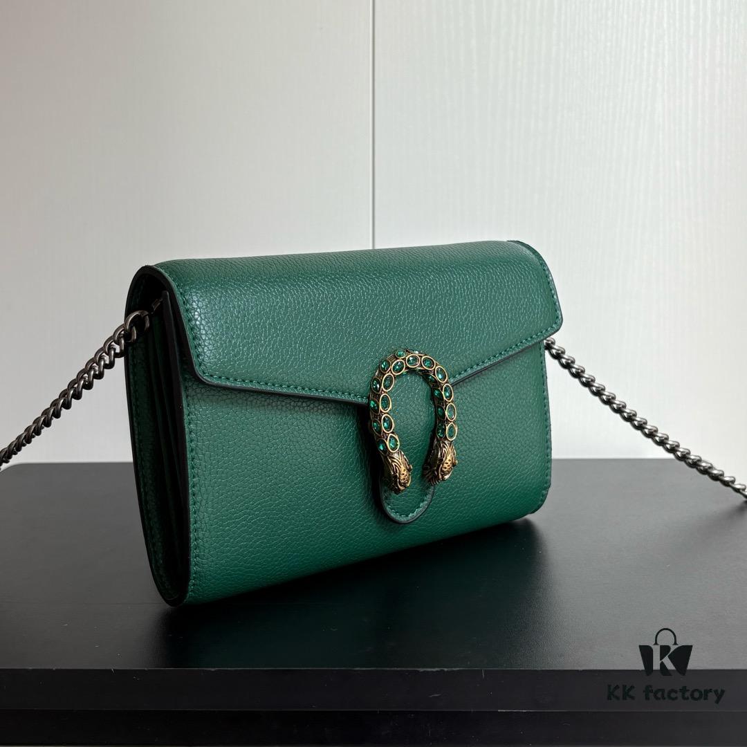 6930a94f6e68136f4d9ac8cf GG Dionysus WOC Chain Mini Handbag / Wallet in Green Full Leather with Horsehead Spur Closure and Flap Design
