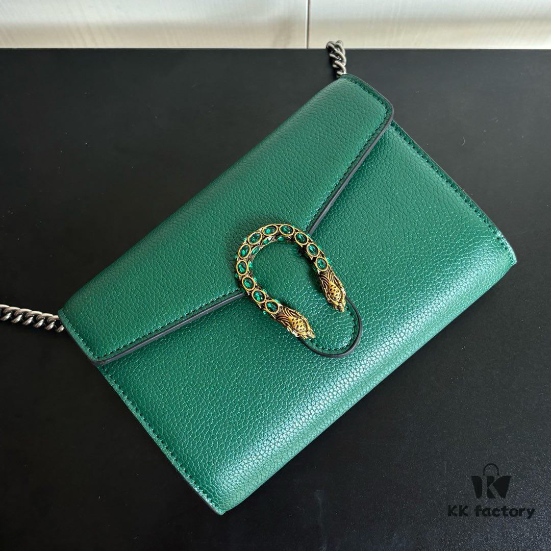 6930a9506e68136f4d9ac8d0 GG Dionysus WOC Chain Mini Handbag / Wallet in Green Full Leather with Horsehead Spur Closure and Flap Design
