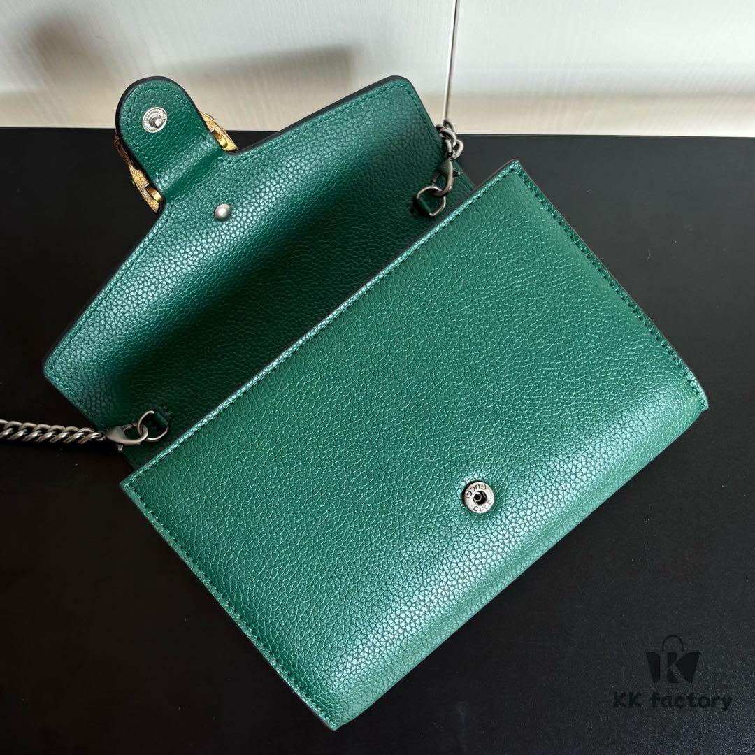 6930a9506e68136f4d9ac8d1 GG Dionysus WOC Chain Mini Handbag / Wallet in Green Full Leather with Horsehead Spur Closure and Flap Design