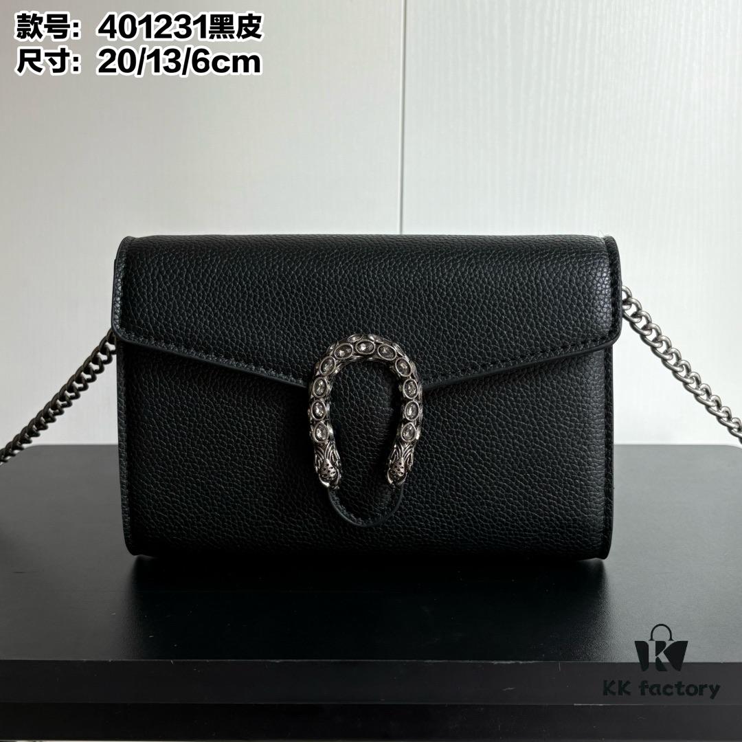 6930a9596e68136f4d9ac8e5 Real-shot #With Box - GG Dionysus WOC Chain Mini Handbag/Wallet in Black Full Leather with Horsehead Spur Closure and Flip Design
