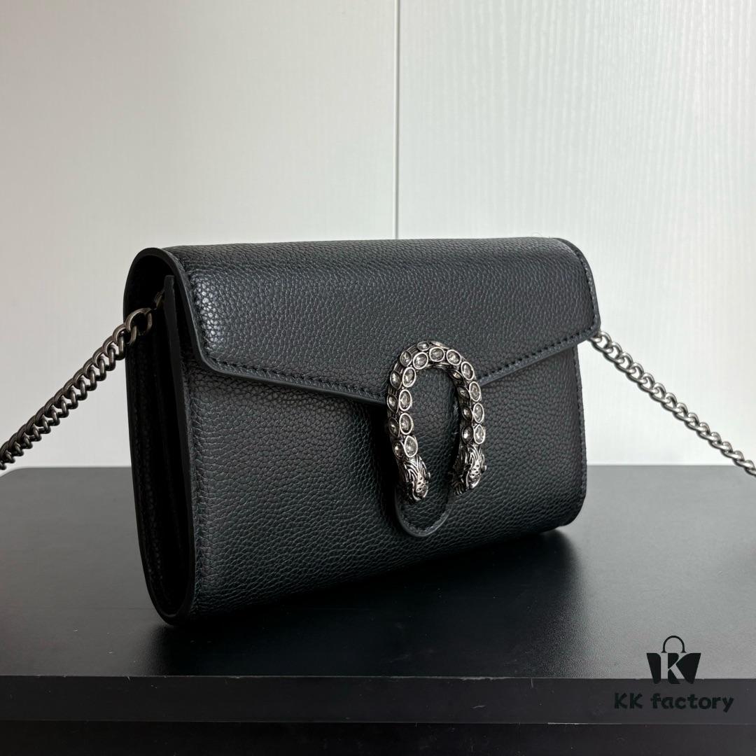 6930a9596e68136f4d9ac8e7 Real-shot #With Box - GG Dionysus WOC Chain Mini Handbag/Wallet in Black Full Leather with Horsehead Spur Closure and Flip Design