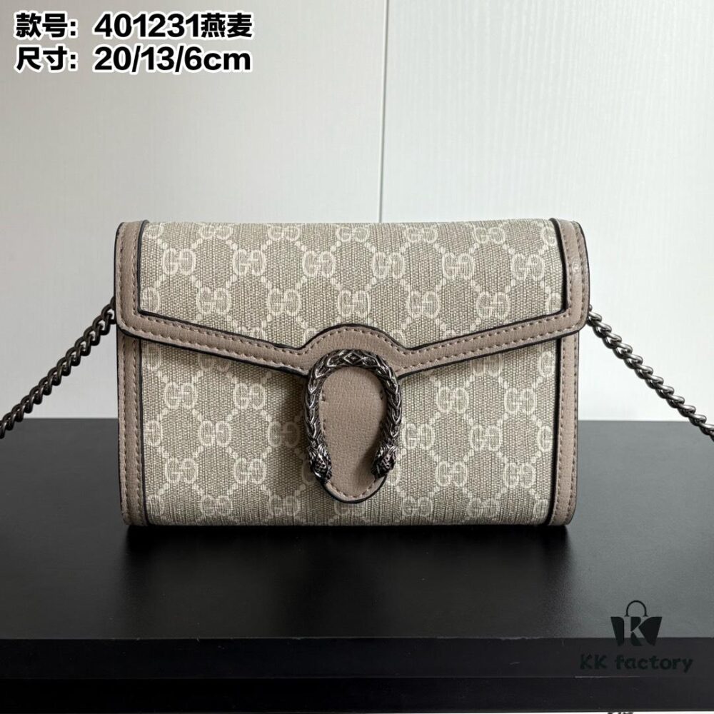 6930a95e6e68136f4d9ac8f0 GG Dionysus WOC Chain Mini Handbag / Wallet in Oatmeal with Horsebit Closure and Flip Design