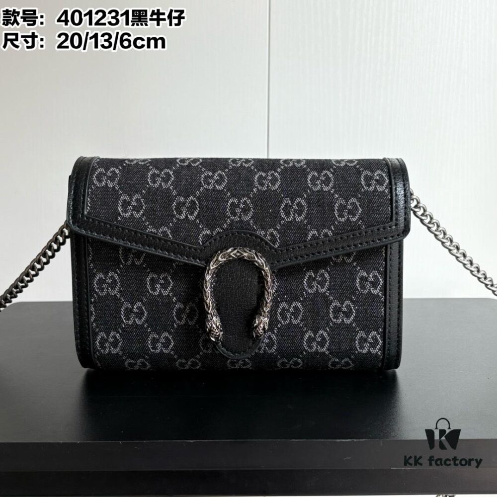 6930a96b6e68136f4d9ac90a Authentic #With Box - GG Dionysus WOC Chain Mini Handbag / Wallet in Black Denim, Style No. 401231, 20×13×6cm
