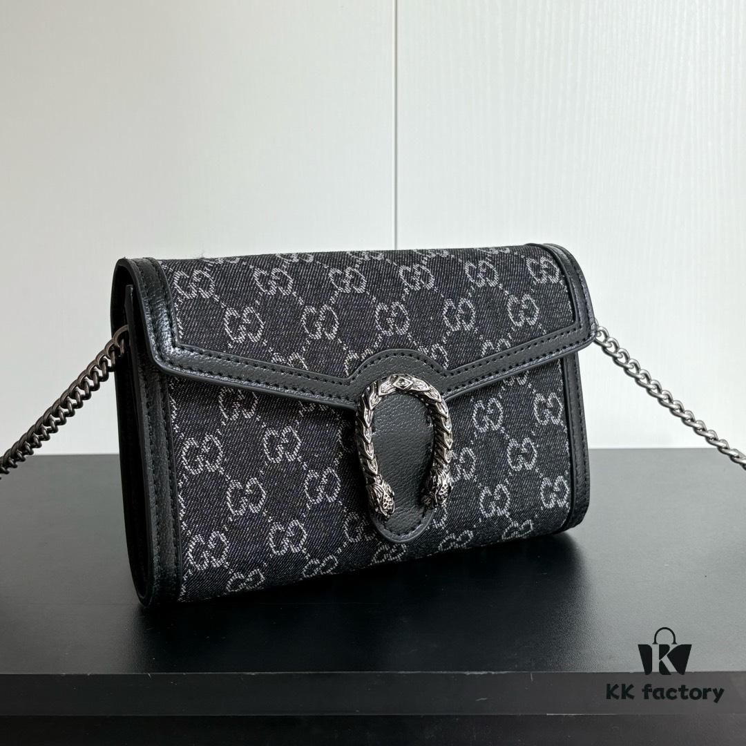 6930a96c6e68136f4d9ac90b Authentic #With Box - GG Dionysus WOC Chain Mini Handbag / Wallet in Black Denim, Style No. 401231, 20×13×6cm