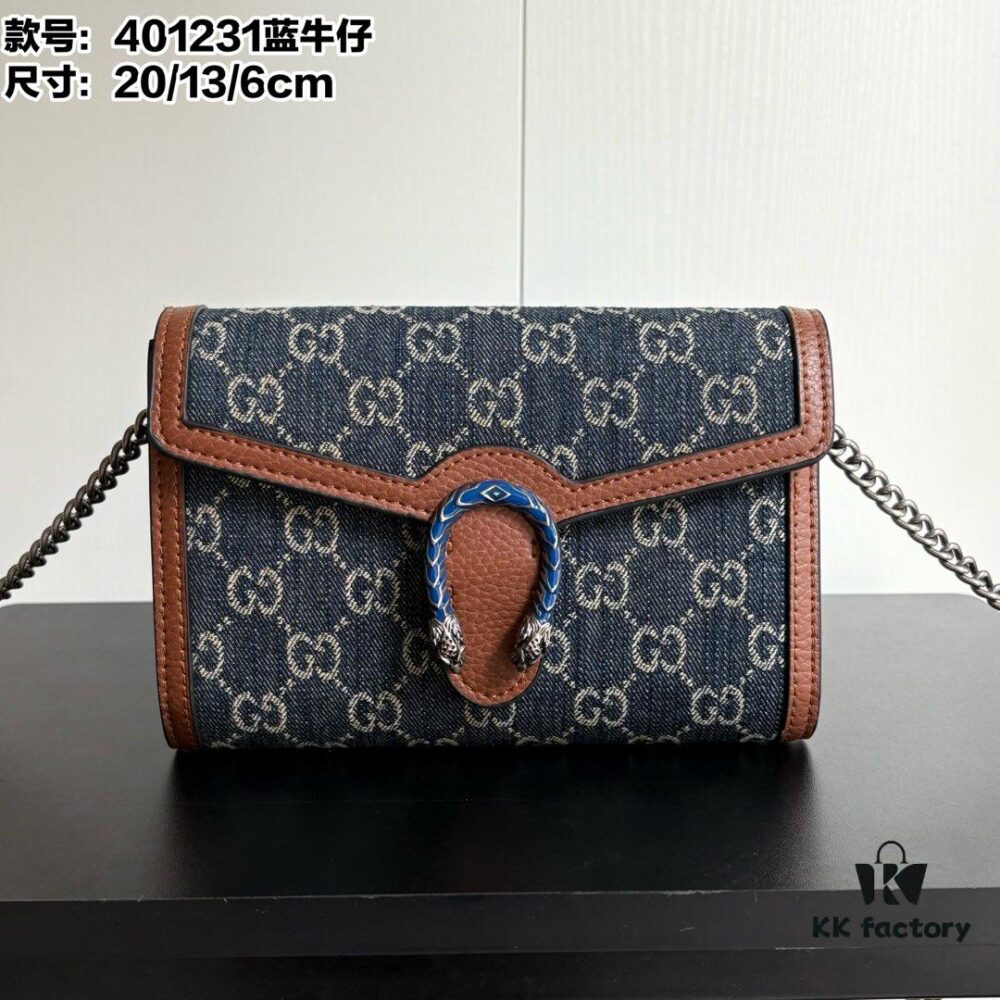 6930a9706e68136f4d9ac914 Authentic #With Box - GG Dionysus WOC Chain Mini Handbag/Wallet in Blue Denim, Style No. 401231, Size: 20×13×6cm