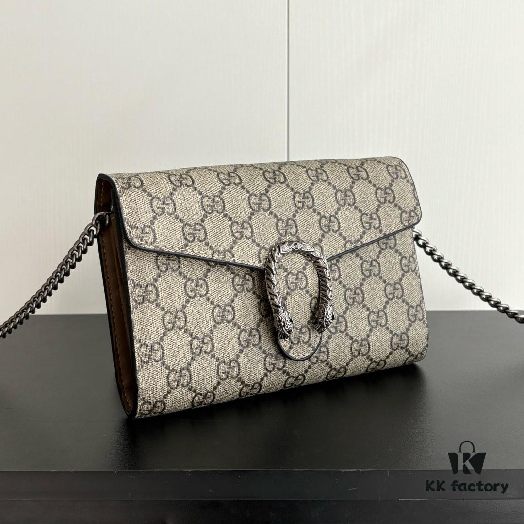 6930a9766e68136f4d9ac91e GG Dionysus WOC Chain Mini Handbag / Wallet with Khaki Lining, Horsehead Stirrup Closure and Flip Design