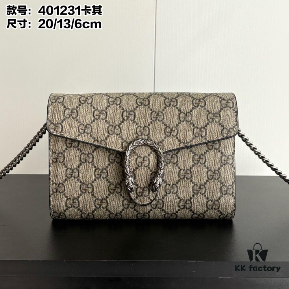 6930a9766e68136f4d9ac921 GG Dionysus WOC Chain Mini Handbag / Wallet with Khaki Lining, Horsehead Stirrup Closure and Flip Design