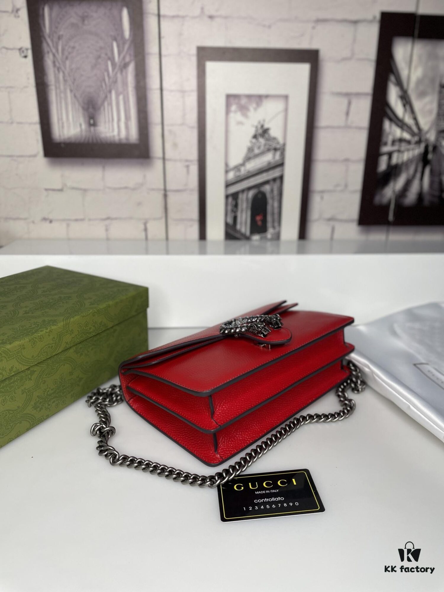 6930a9ab6e68136f4d9ac98d Crinkled Leather with Double Tiger Head Clasp Inspired by the Greek Myth of Dionysus, Dual Flap Pockets, Handheld or Crossbody Bag, Model: 400249, Size: 28x15x7