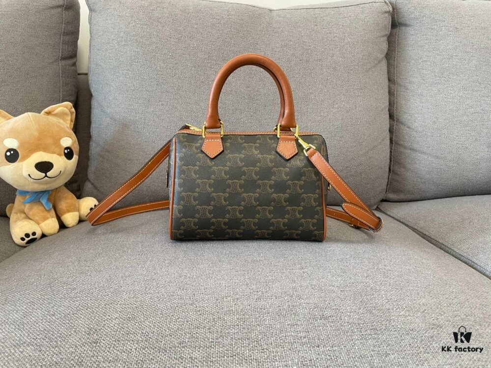 6930abfd6e68136f4d9acdc9 CELINE Small Triomphe Canvas Logo-Printed Calfskin Boston Bag