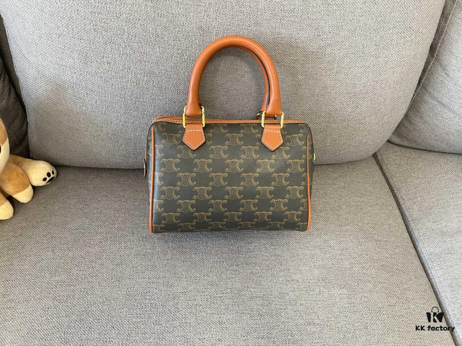 CELINE Small Triomphe Canvas Logo-Printed Calfskin Boston Bag
