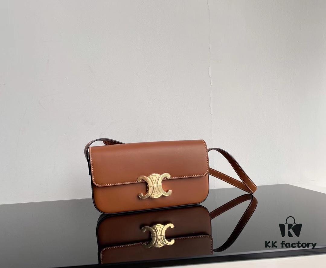 6930af166e68136f4d9ad372 CELINE 2024 Spring/Summer New Arrival TRIOMPHE Logo Embossed Smooth Calfskin Shoulder Bag, Triomphe Armpit Bag with Cowhide Edging, Lambskin Lining, Flat Interior Pocket, Adjustable Leather Shoulder Strap (20cm Length)