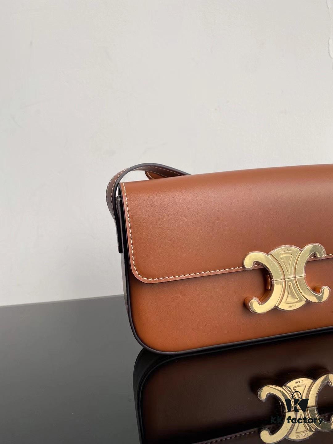6930af166e68136f4d9ad376 CELINE 2024 Spring/Summer New Arrival TRIOMPHE Logo Embossed Smooth Calfskin Shoulder Bag, Triomphe Armpit Bag with Cowhide Edging, Lambskin Lining, Flat Interior Pocket, Adjustable Leather Shoulder Strap (20cm Length)