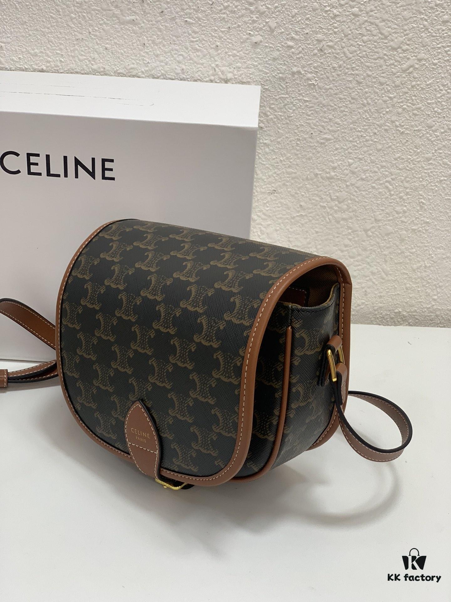 6930af1c6e68136f4d9ad37d CELINE TRIOMPHE FOLCO High-Quality Saddle Bag, Arch-inspired Design, Brown Trim, Cowhide Leather, Dimensions: 18 x 16 x 10 cm