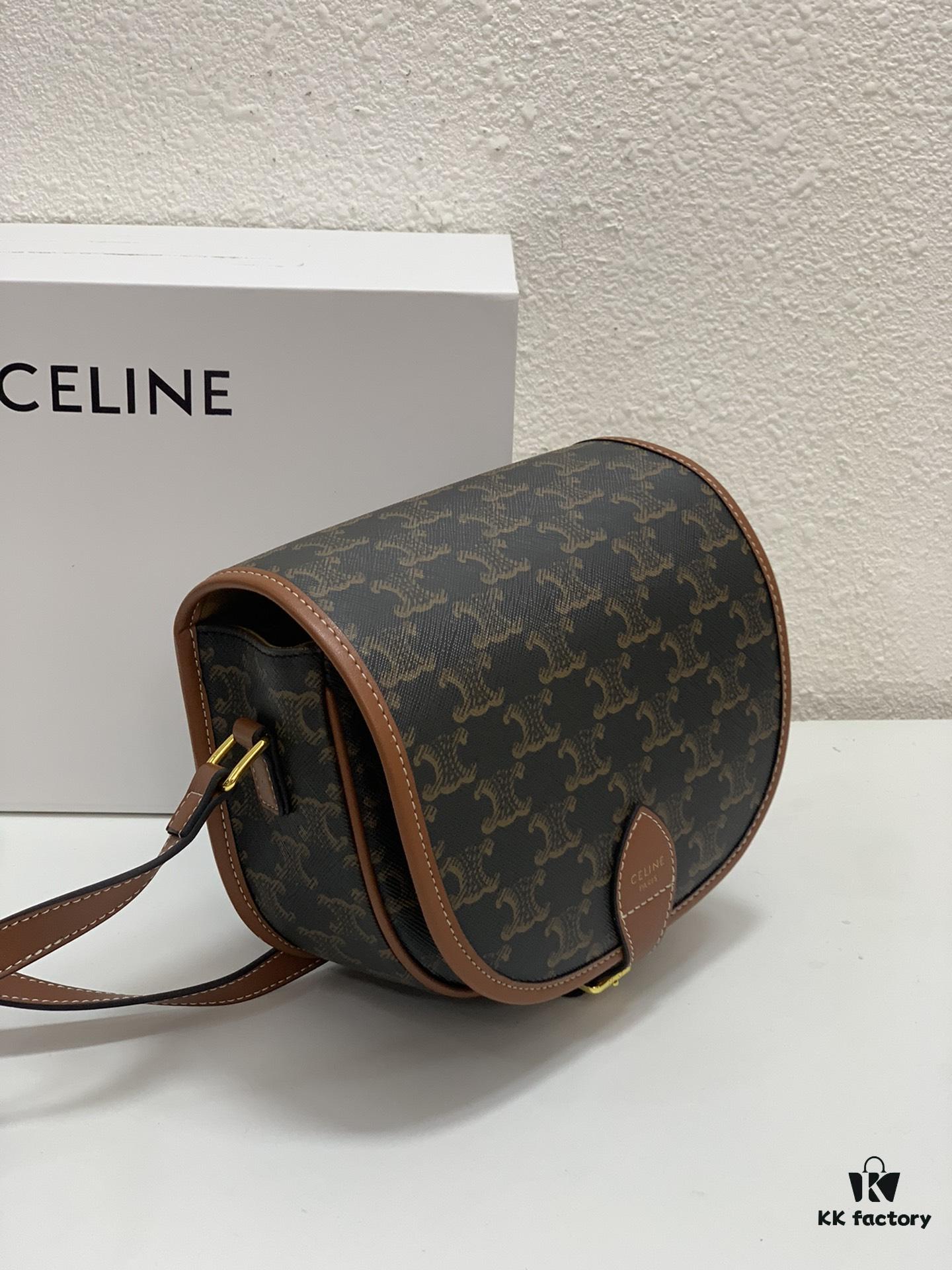 6930af1c6e68136f4d9ad37e CELINE TRIOMPHE FOLCO High-Quality Saddle Bag, Arch-inspired Design, Brown Trim, Cowhide Leather, Dimensions: 18 x 16 x 10 cm