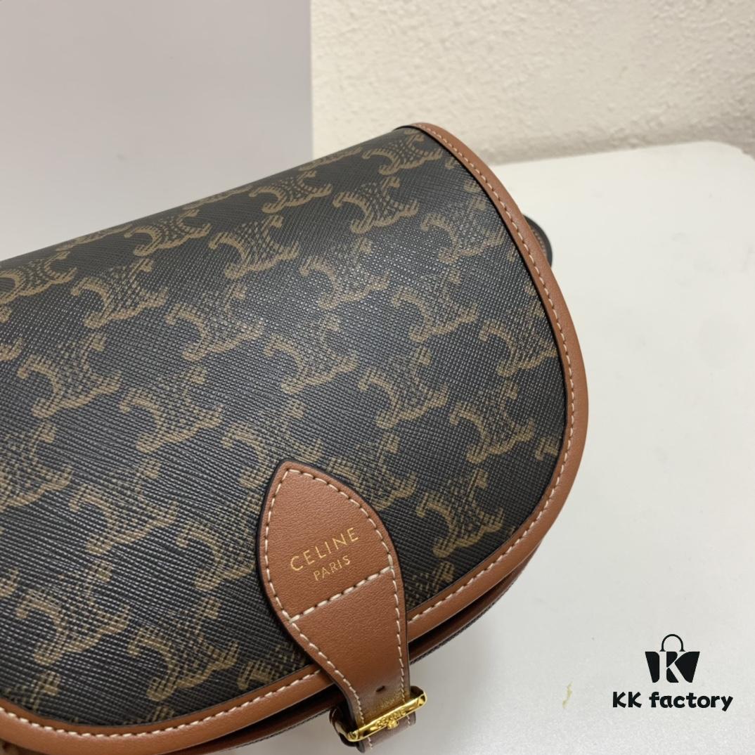 6930af1c6e68136f4d9ad380 CELINE TRIOMPHE FOLCO High-Quality Saddle Bag, Arch-inspired Design, Brown Trim, Cowhide Leather, Dimensions: 18 x 16 x 10 cm