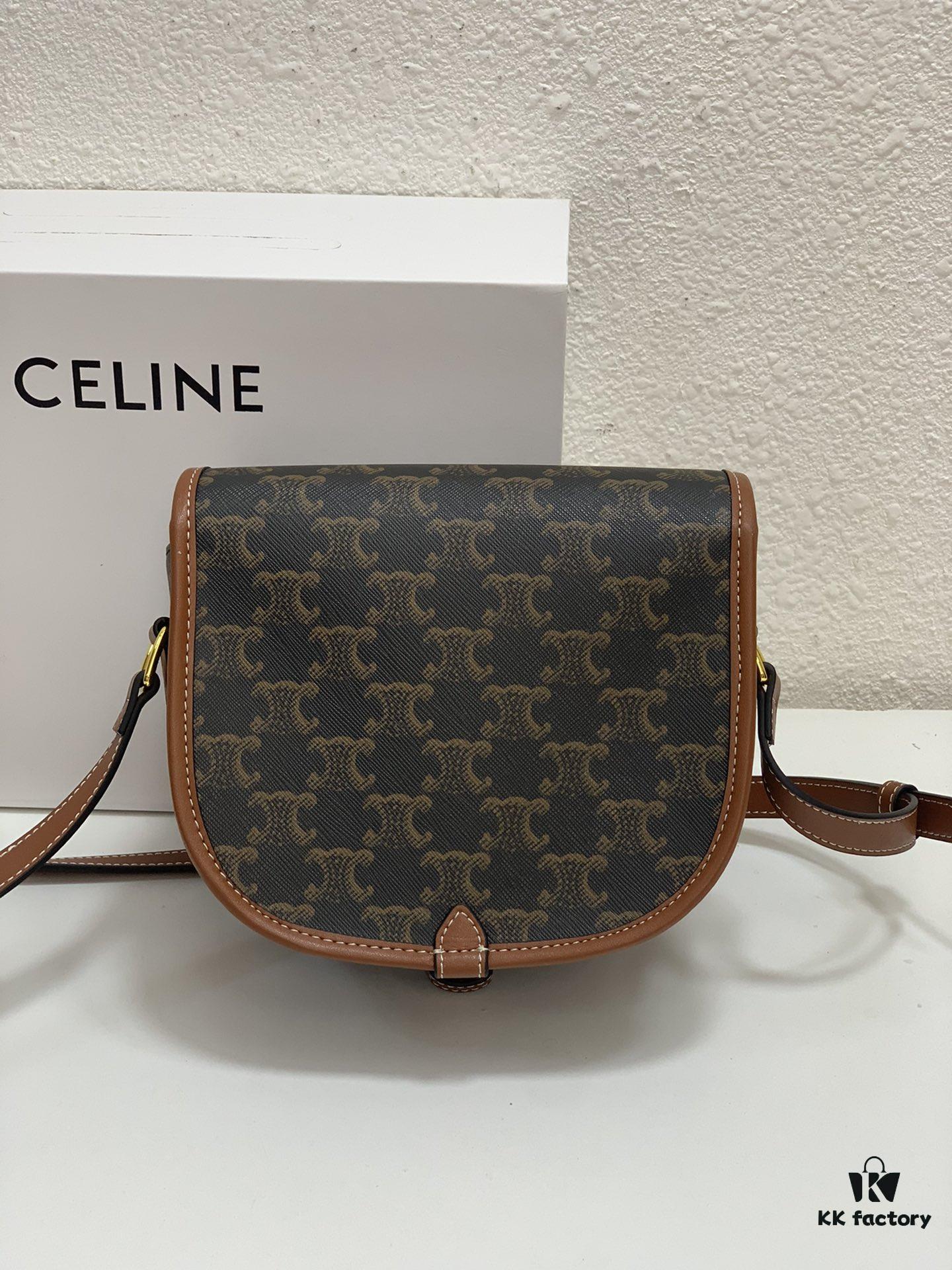 6930af1e6e68136f4d9ad381 CELINE TRIOMPHE FOLCO High-Quality Saddle Bag, Arch-inspired Design, Brown Trim, Cowhide Leather, Dimensions: 18 x 16 x 10 cm