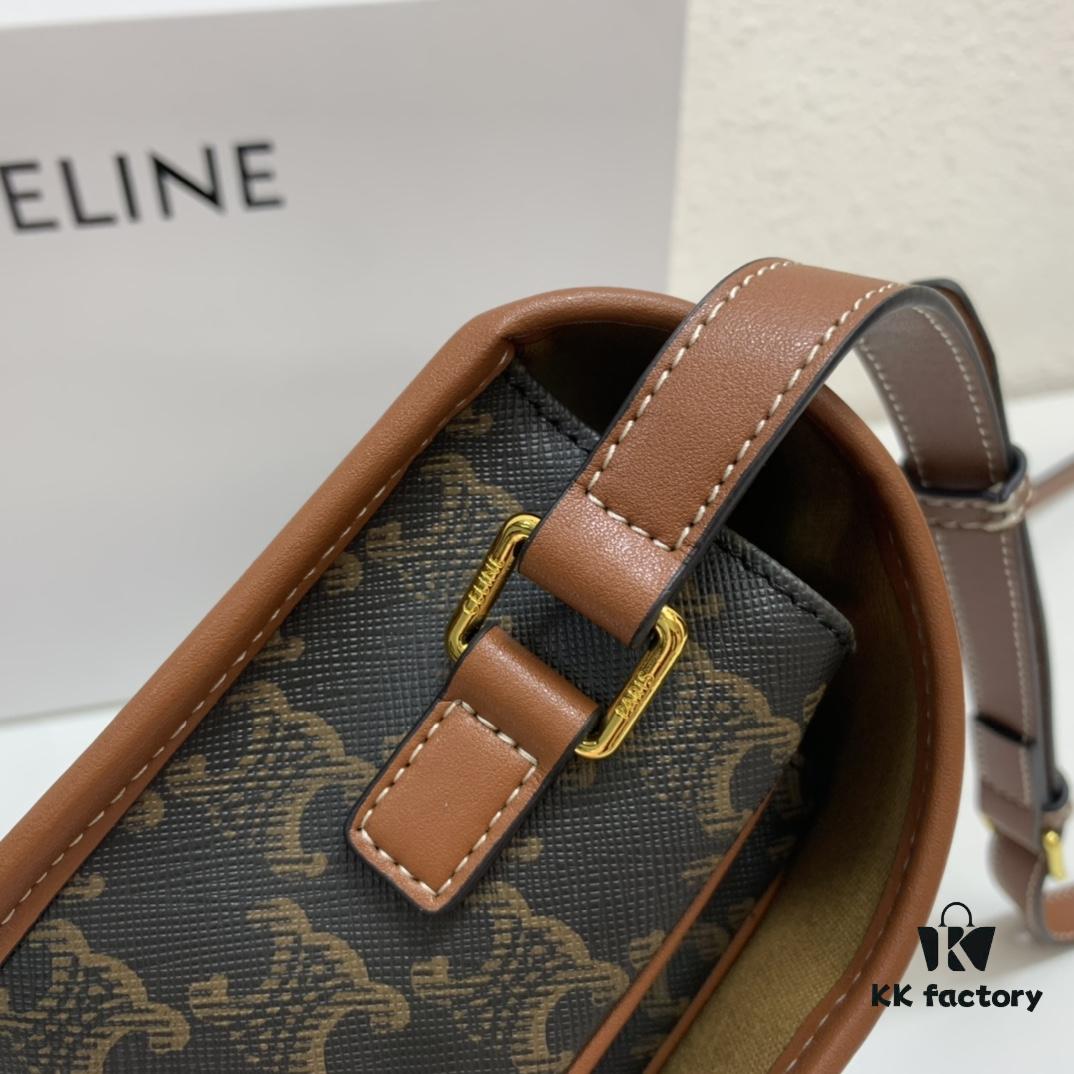 6930af1f6e68136f4d9ad382 CELINE TRIOMPHE FOLCO High-Quality Saddle Bag, Arch-inspired Design, Brown Trim, Cowhide Leather, Dimensions: 18 x 16 x 10 cm