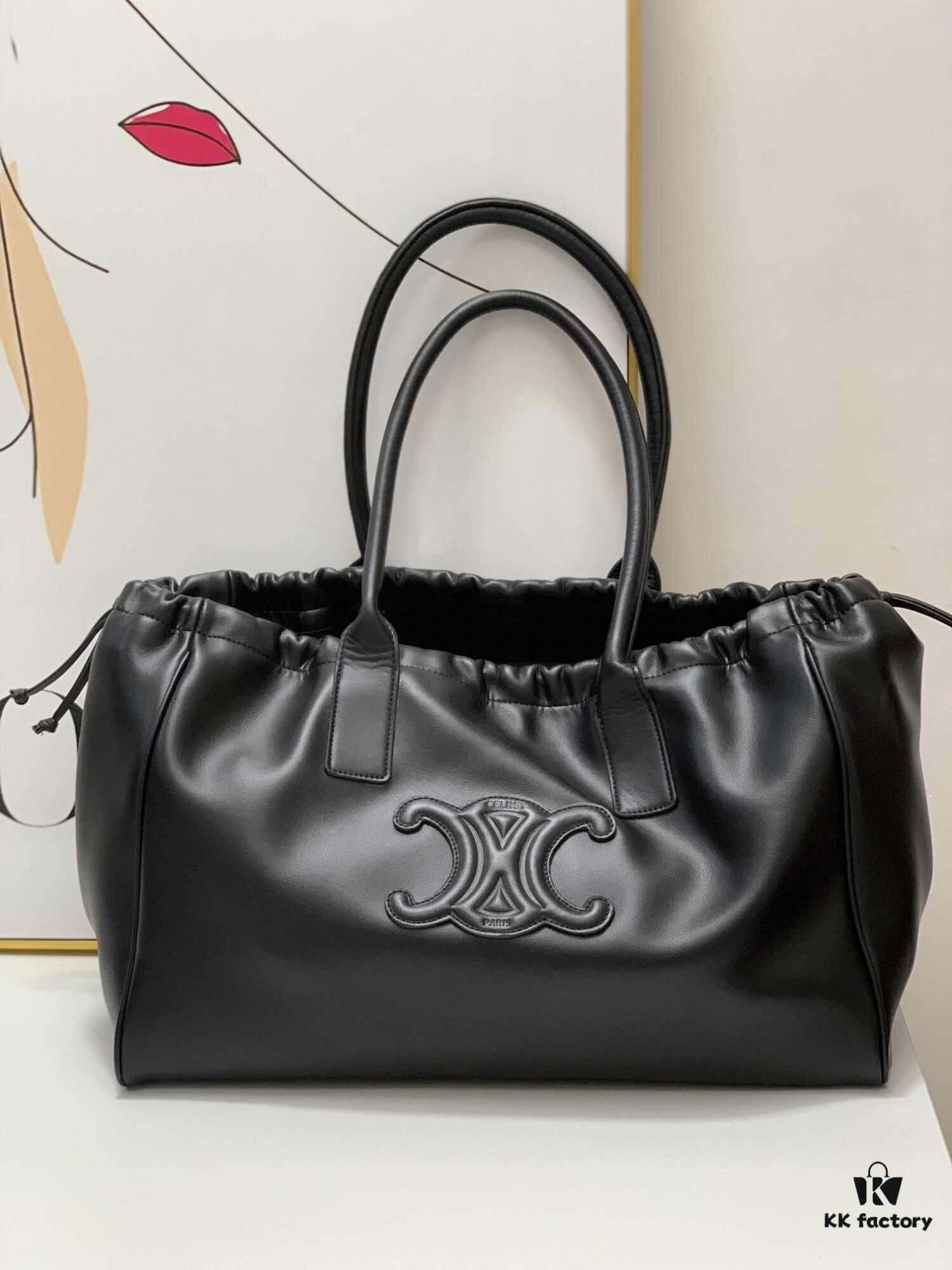 6930af366e68136f4d9ad3a7 Celine New Arrival Tote Bag, Calfskin Material, Arc de Triomphe Embossed Logo, Drawstring Closure at Opening, Adjustable Size