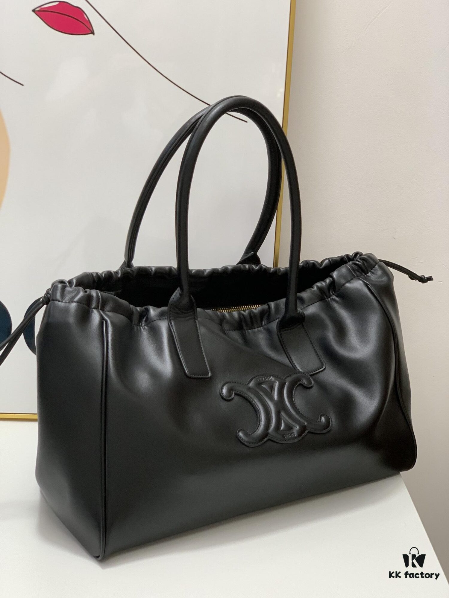 6930af376e68136f4d9ad3a9 Celine New Arrival Tote Bag, Calfskin Material, Arc de Triomphe Embossed Logo, Drawstring Closure at Opening, Adjustable Size