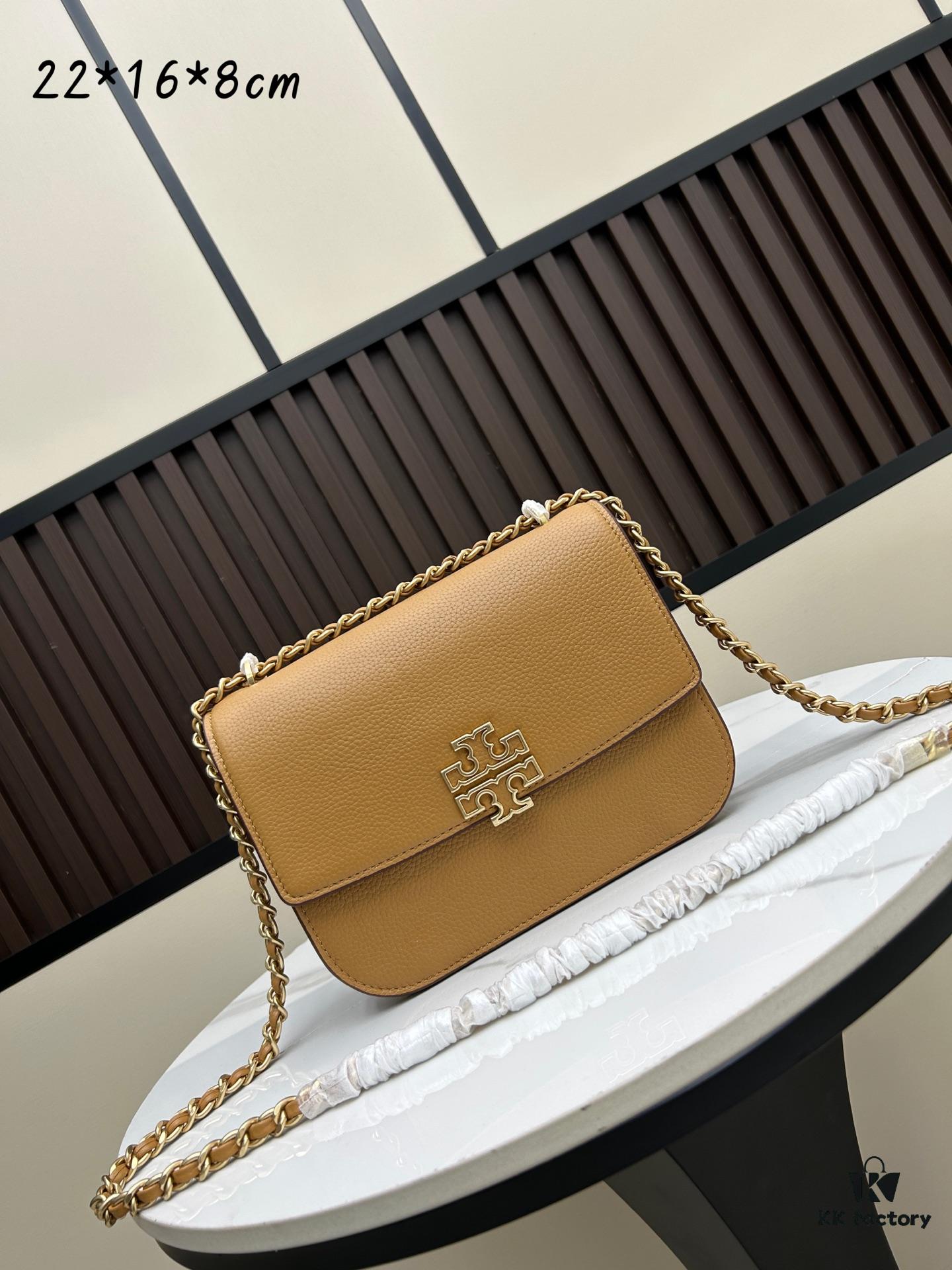 6930af926e68136f4d9ad45a New Tory Burch Britten Women's Chain Shoulder Crossbody Bag, Medium Size, Black and Apricot Color, In Stock, Dimensions 22×8×16CM