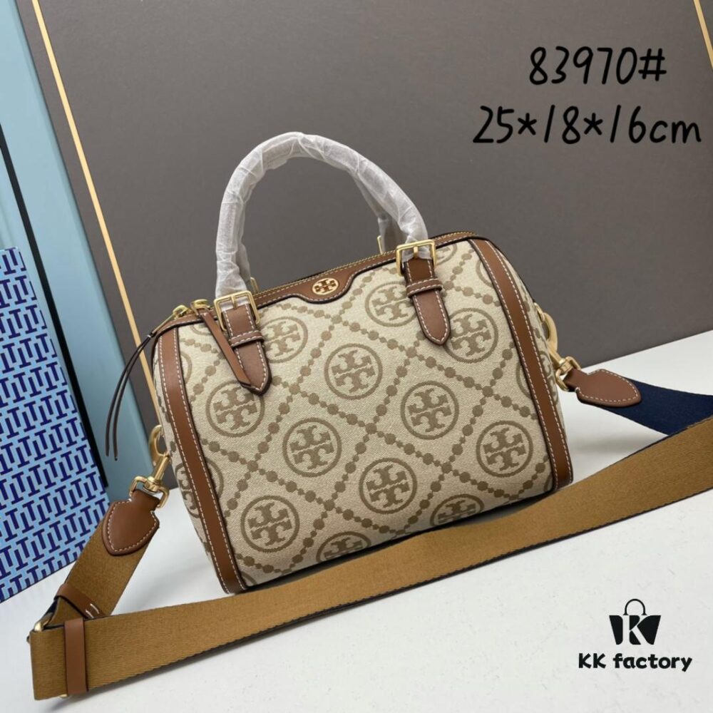 6930afb66e68136f4d9ad4a7 Large TORY BURCH T Monogram Mini Jacquard Barrel Bag in Hazelnut Brown