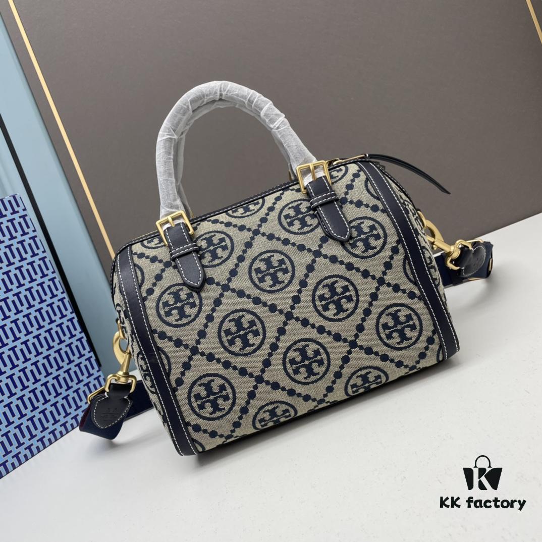 6930afb86e68136f4d9ad4ae Large TORY BURCH T Monogram Mini Jacquard Barrel Bag in Hazelnut Brown