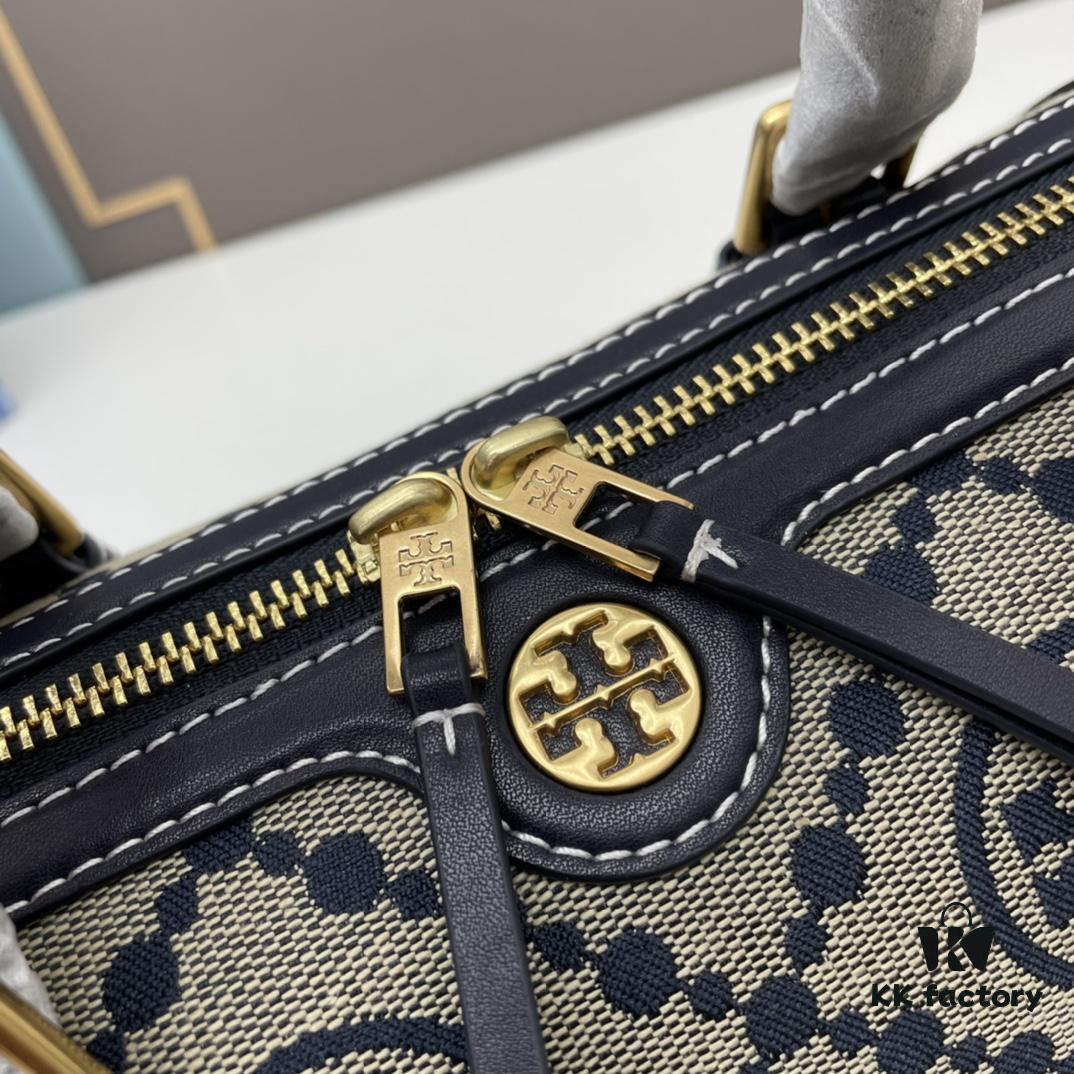 6930afbb6e68136f4d9ad4b0 Large TORY BURCH T Monogram Mini Jacquard Barrel Bag in Hazelnut Brown