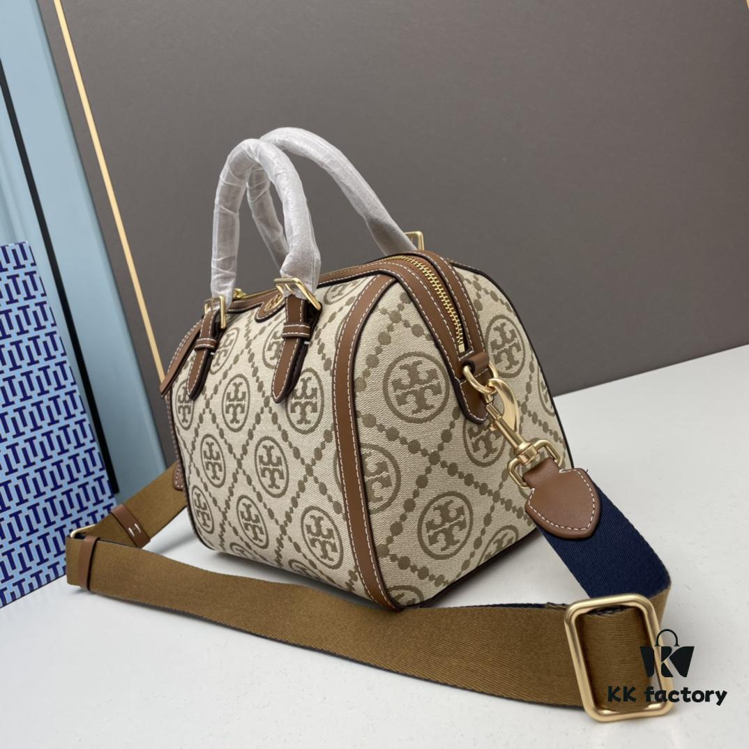 6930afbb6e68136f4d9ad4b1 Large TORY BURCH T Monogram Mini Jacquard Barrel Bag in Hazelnut Brown