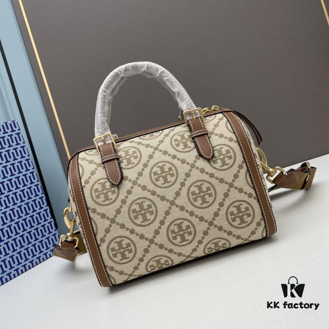 6930afbb6e68136f4d9ad4b4 Large TORY BURCH T Monogram Mini Jacquard Barrel Bag in Hazelnut Brown