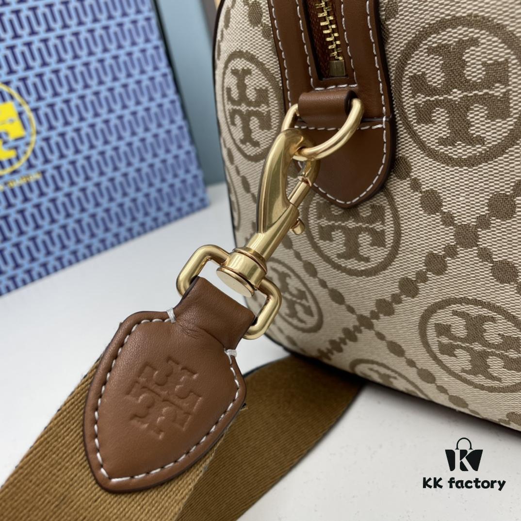 6930afbe6e68136f4d9ad4b7 Large TORY BURCH T Monogram Mini Jacquard Barrel Bag in Hazelnut Brown