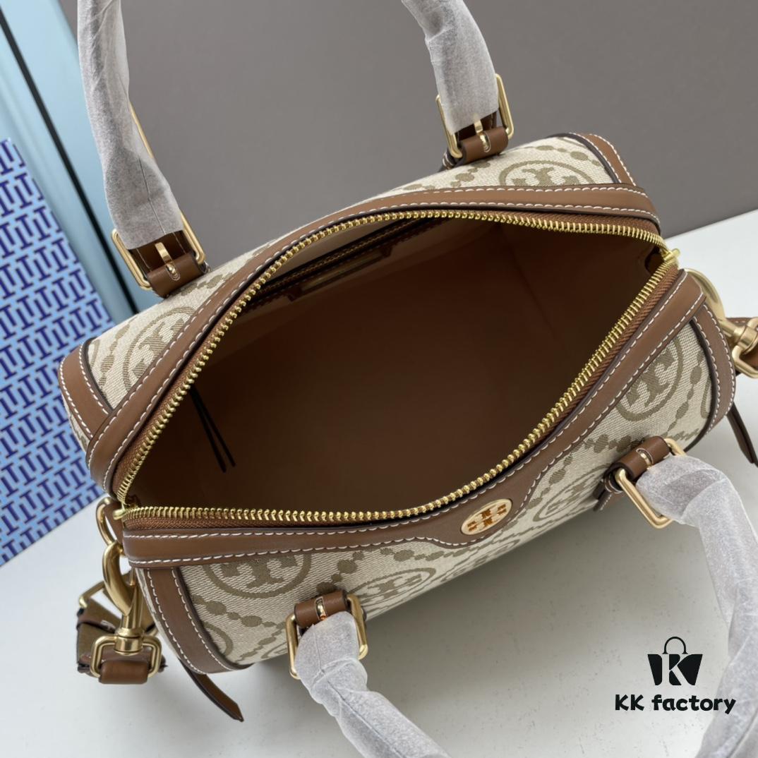 6930afbe6e68136f4d9ad4b8 Large TORY BURCH T Monogram Mini Jacquard Barrel Bag in Hazelnut Brown