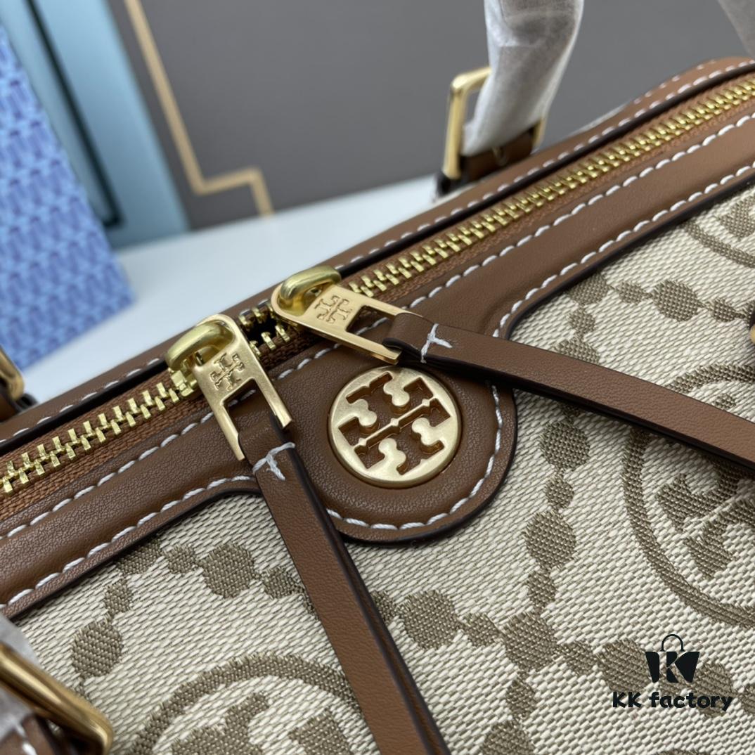 6930afbe6e68136f4d9ad4b9 Large TORY BURCH T Monogram Mini Jacquard Barrel Bag in Hazelnut Brown