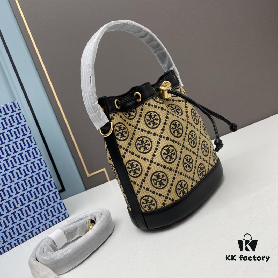 6930afc06e68136f4d9ad4bf Large TORY BURCH Monogram Drawstring Bucket Bag, Navy Blue Canvas Fabric with Vintage Jacquard Detail, 2021 Summer Collection