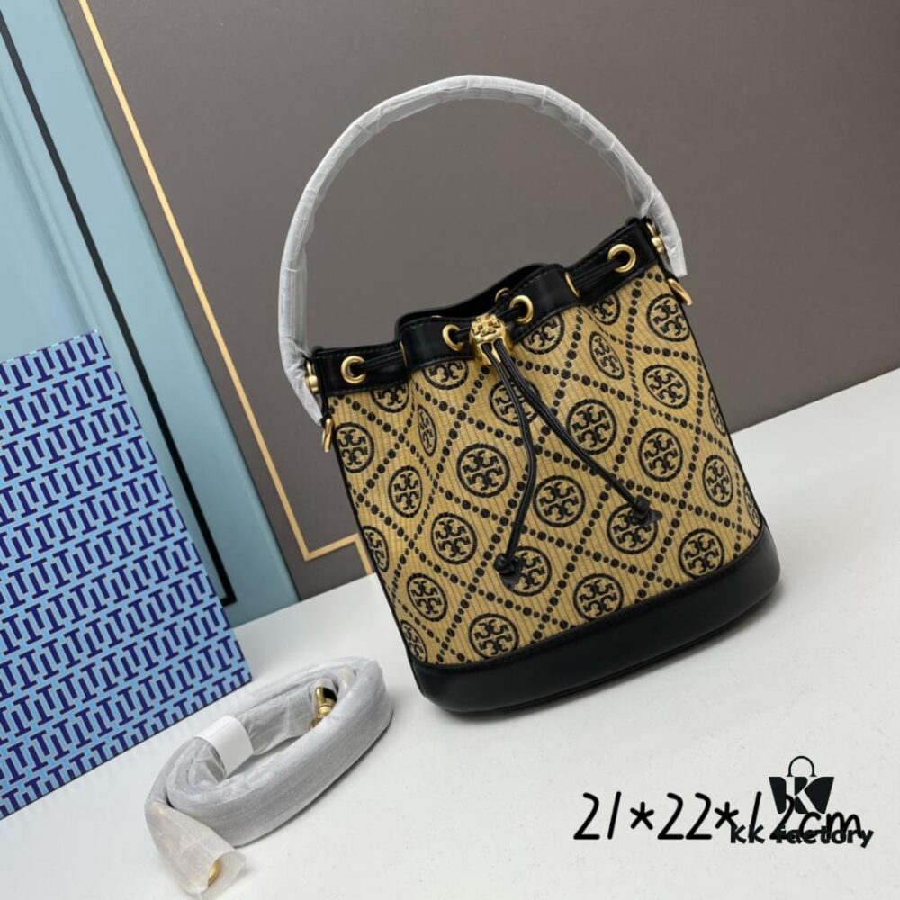 6930afc16e68136f4d9ad4c0 Large TORY BURCH Monogram Drawstring Bucket Bag, Navy Blue Canvas Fabric with Vintage Jacquard Detail, 2021 Summer Collection